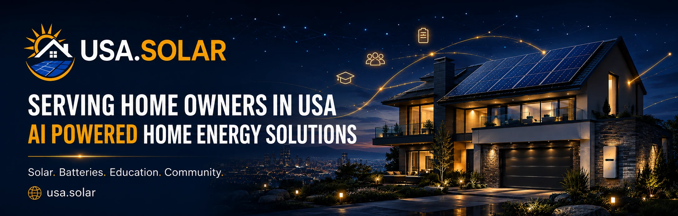 USA.SOLAR backup power generator solutions with AI-powered home backup, solar panels, a battery, and a standby generator.